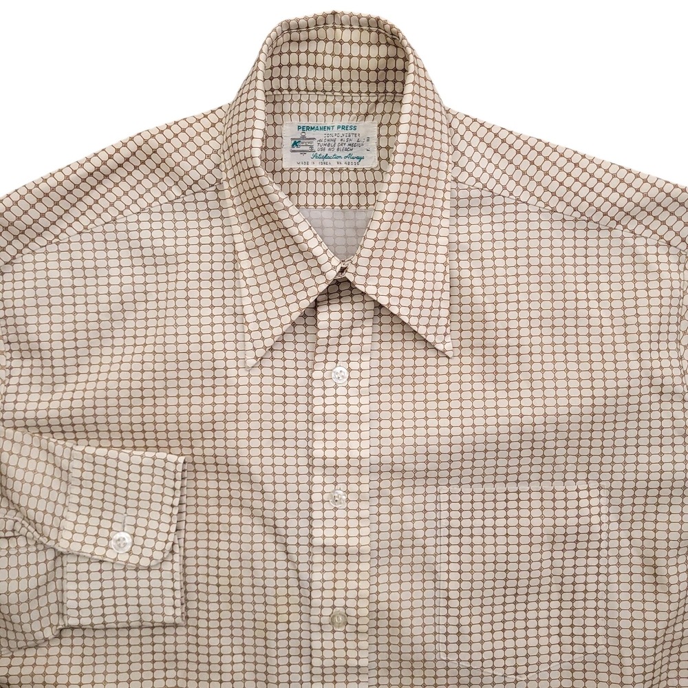 Vintage KMart Shirt Mens 16 33 M Beige Perma Press Dagger Collar Rockabilly 70s
